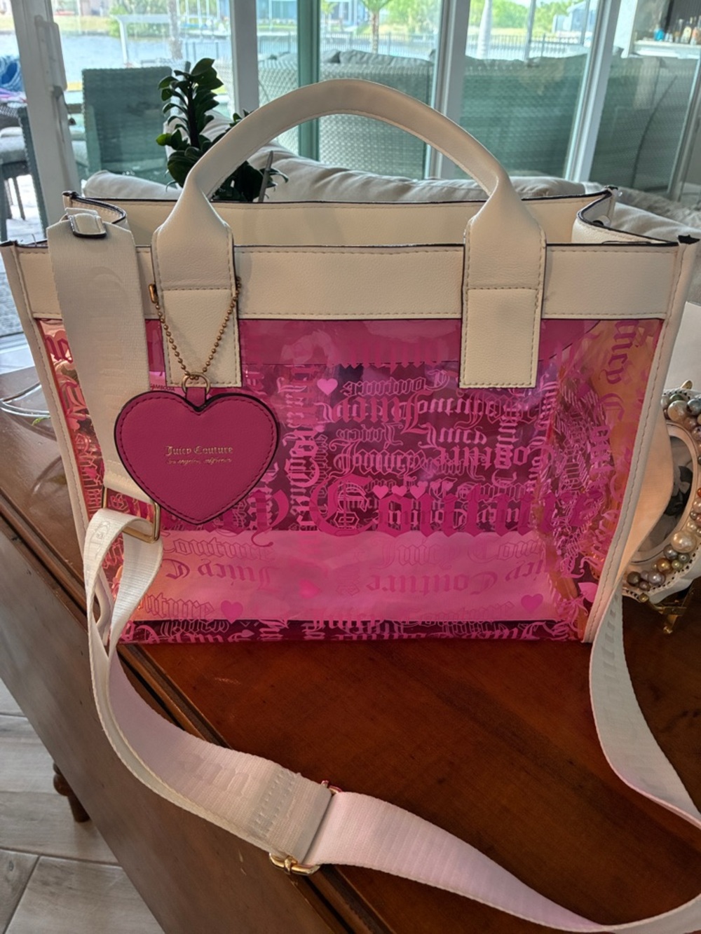 Juicy Couture Pink Transparent Tote with White Trim and Heart Charm